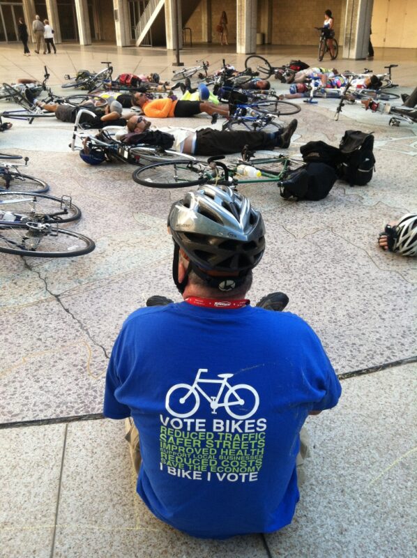 I Bike. I vote. Photo from the last memorial ride die-in held at City Hall. 