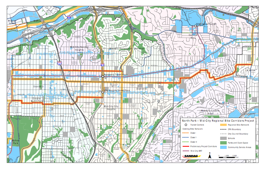 Map of Proposed North Park - Mid City Bike Corridor Project Routes