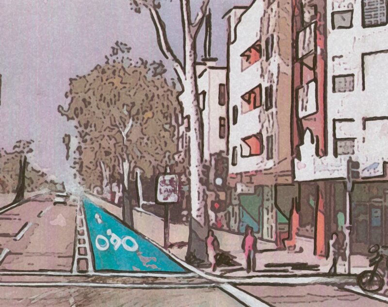 An artist's rendering of El Cajon Blvd with a buffered bike lane looking east at 30th St. Artwork by BikeSD member Aseel Al Huneidi