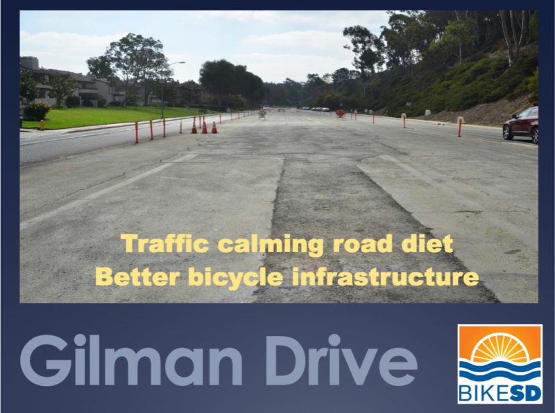 Cover slide of the Gilman Drive road diet presentation, November 2018, by Judi Tentor