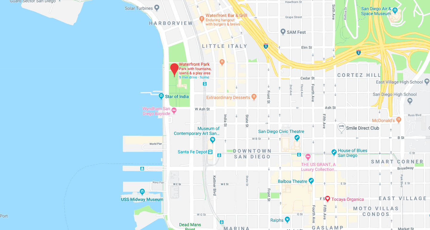 map showing Waterfront Park, San Diego