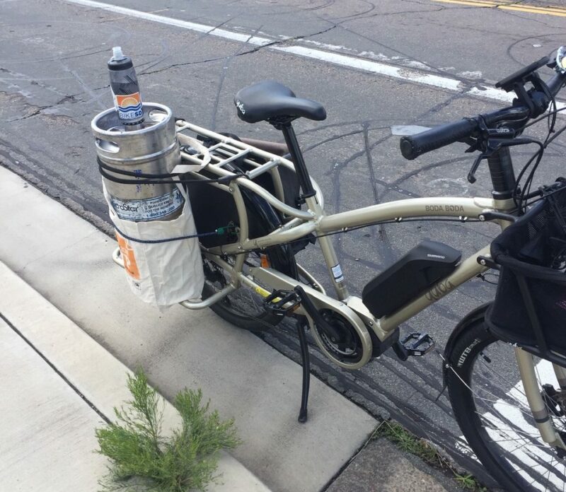 Adam's cargo bike with a keg strapped to the rear.